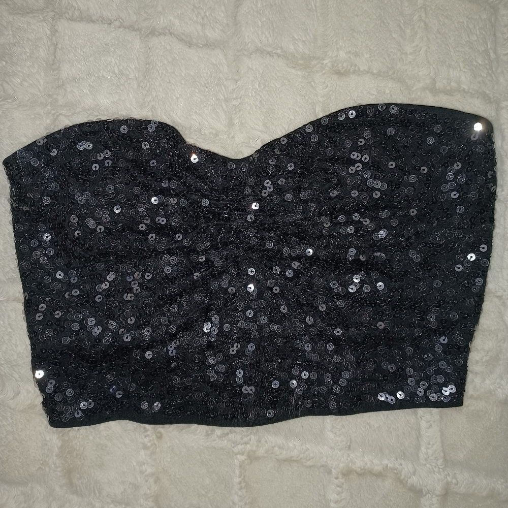 Black sequined strapless  crop top